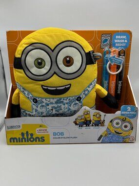 Minions Bob Color N Glow Plush With Washable Markers Movie Exclusive 2-Sided Fun